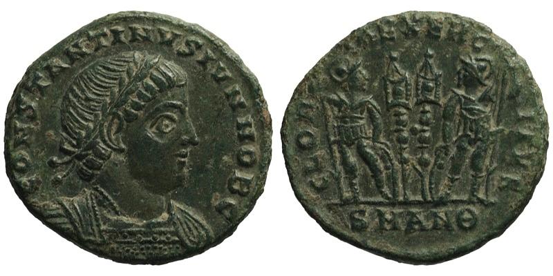 Constantine II AE3 Antioch two soldiers and standard Ancient